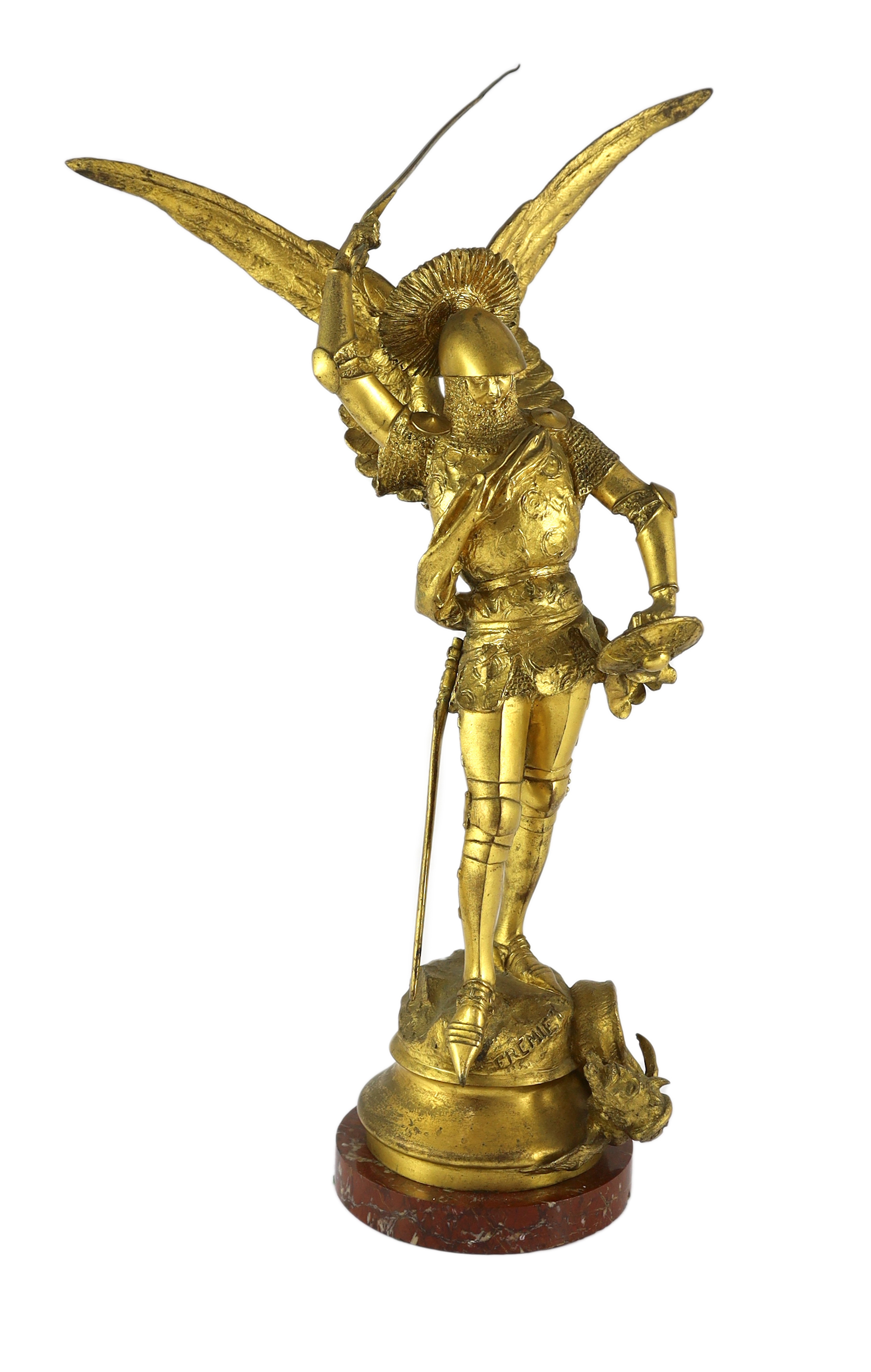 Emmanuel Fremiet (French, 1824-1910). A gilt patinated bronze, St Michael and the dragon, 34cm wide, 56cm high